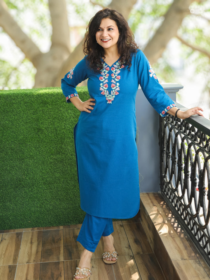 Rudrakshi Amber Blue with V Neck Embroiered Work Cotton 2 Piece Set