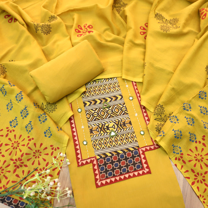 Jogiya Tumeric Yellow Ajrak Printed Yoke with Mirror Work Cotton Suit Set