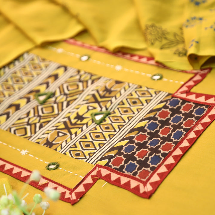 Jogiya Tumeric Yellow Ajrak Printed Yoke with Mirror Work Cotton Suit Set