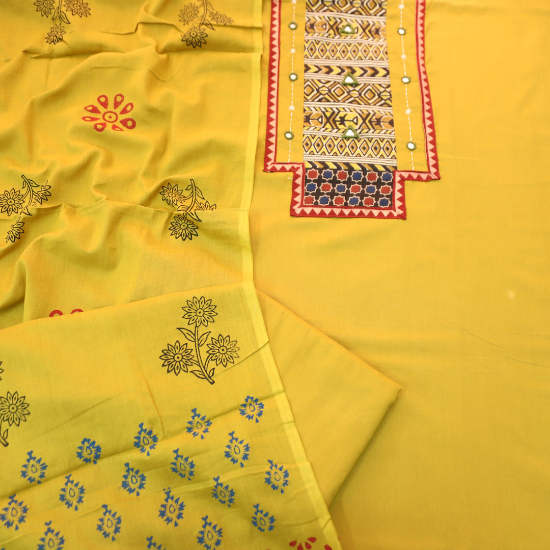 Jogiya Tumeric Yellow Ajrak Printed Yoke with Mirror Work Cotton Suit Set