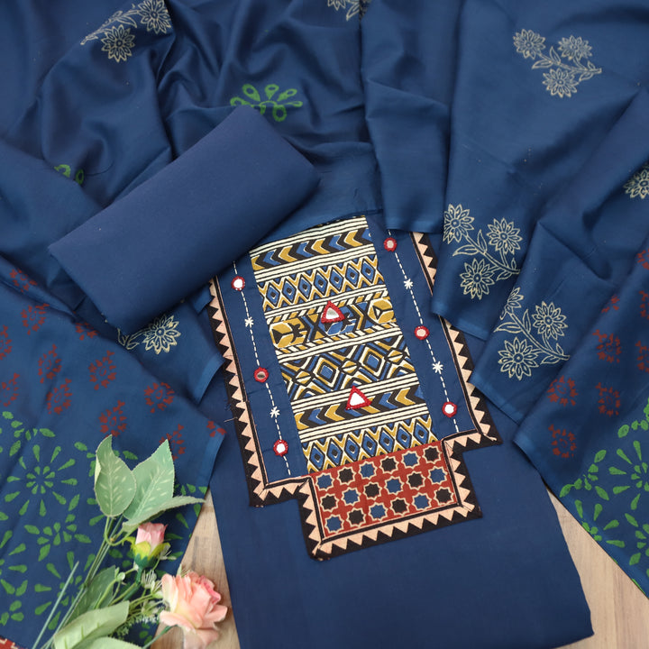 Jogiya Denim Blue Ajrak Printed Yoke with Mirror Work Cotton Suit Set