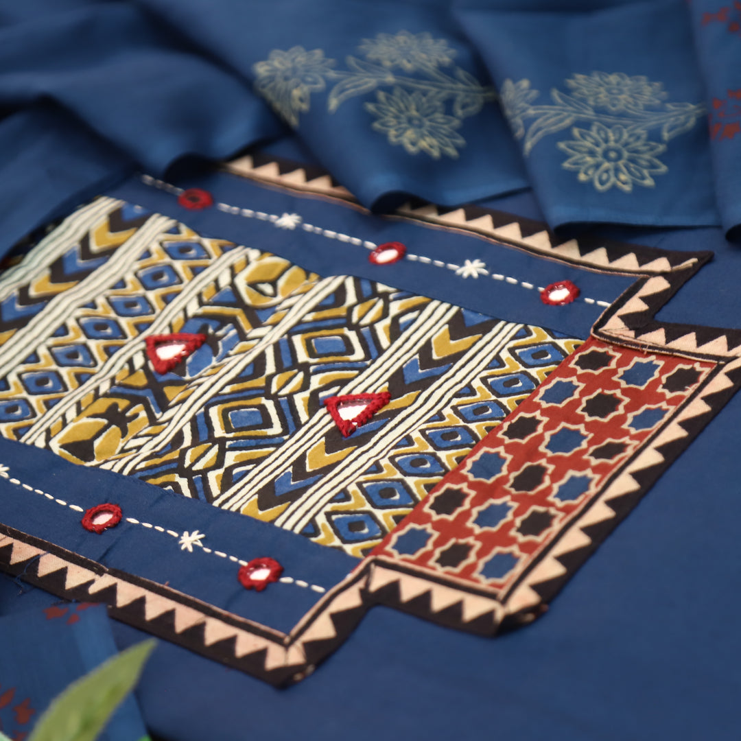 Jogiya Denim Blue Ajrak Printed Yoke with Mirror Work Cotton Suit Set