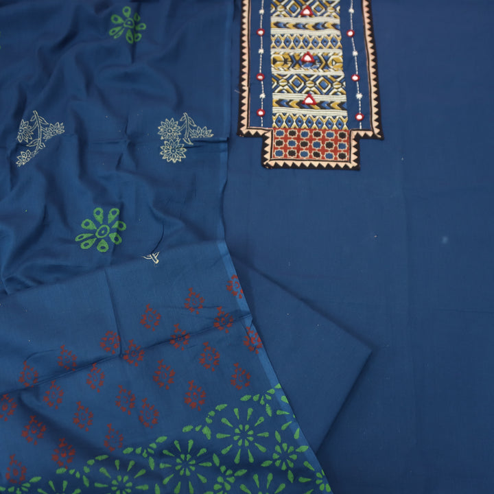 Jogiya Denim Blue Ajrak Printed Yoke with Mirror Work Cotton Suit Set