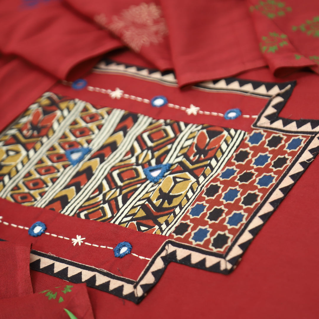 Jogiya Cherry Red Ajrak Printed Yoke with Mirror Work Cotton Suit Set