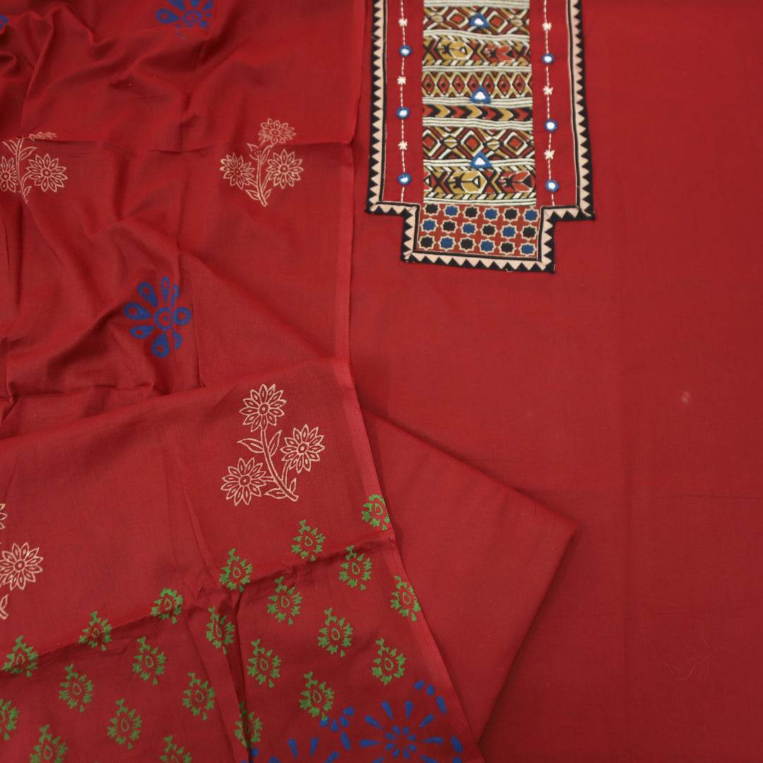 Jogiya Cherry Red Ajrak Printed Yoke with Mirror Work Cotton Suit Set