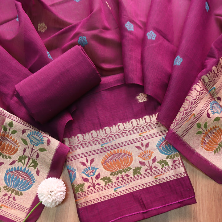 Kashish Magenta Purple Jamdani Jacquard Weaved Paithani Inspired Chanderi Set