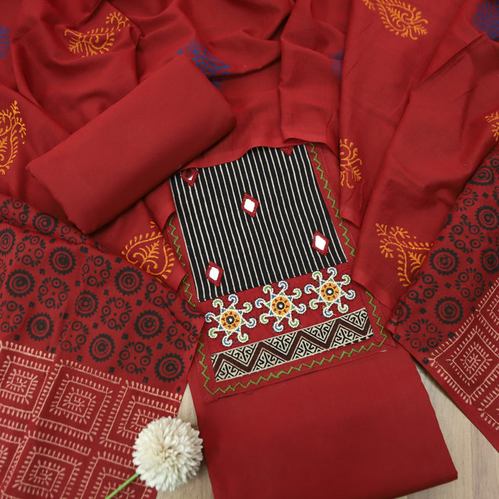 Kusumdari Cherry Red Ajrak Printed Yoke with Mirror Work Cotton Suit Set