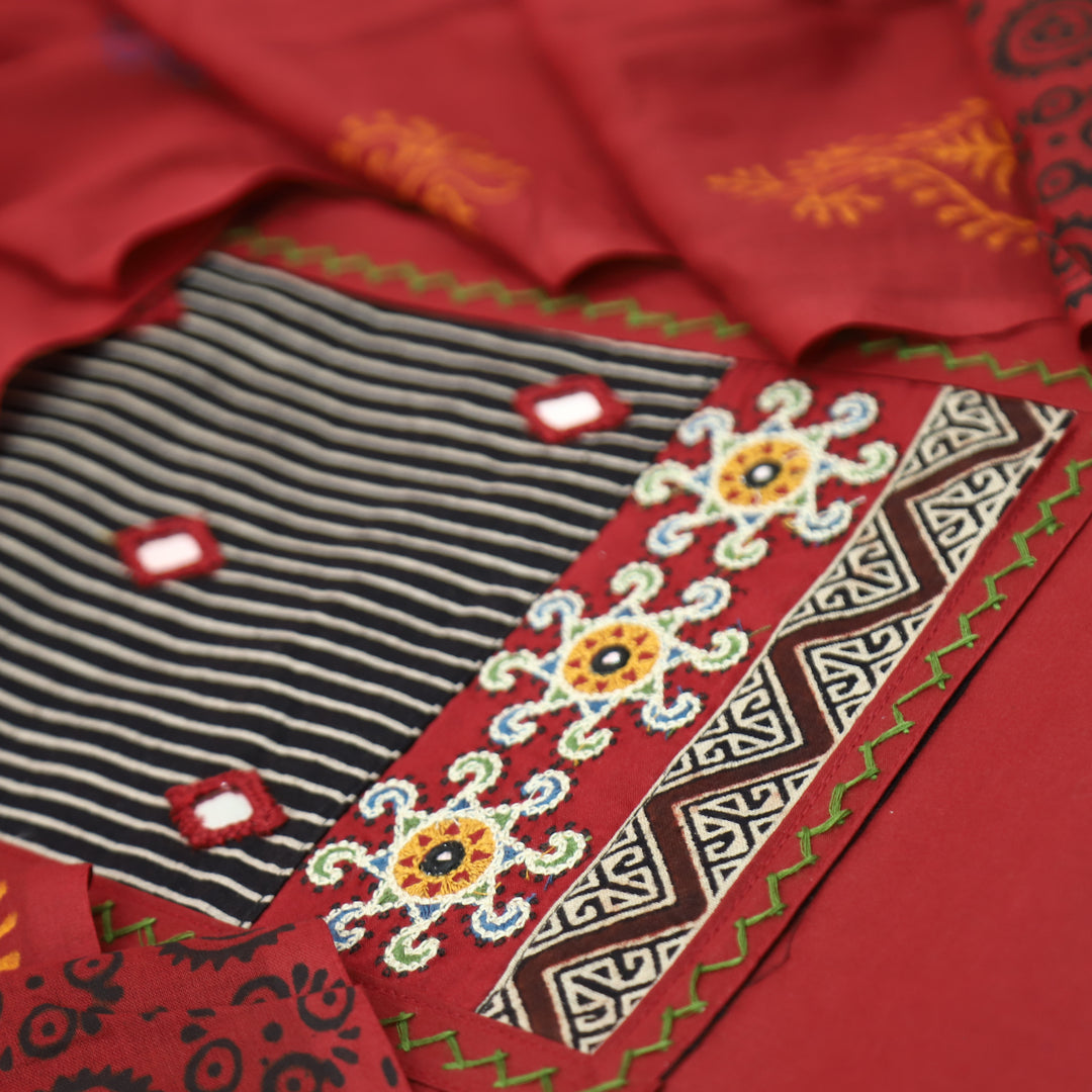 Kusumdari Cherry Red Ajrak Printed Yoke with Mirror Work Cotton Suit Set