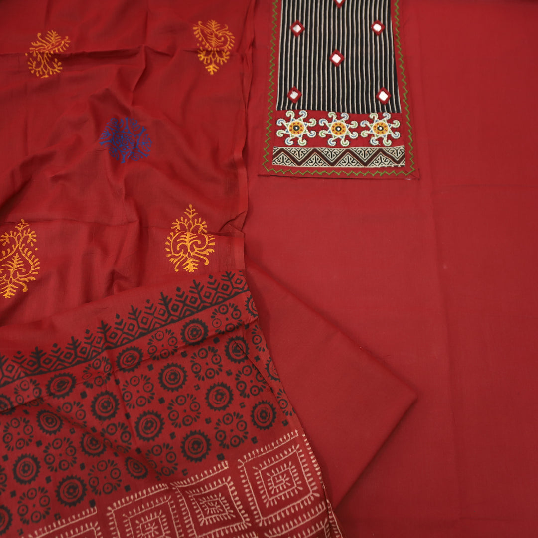 Kusumdari Cherry Red Ajrak Printed Yoke with Mirror Work Cotton Suit Set