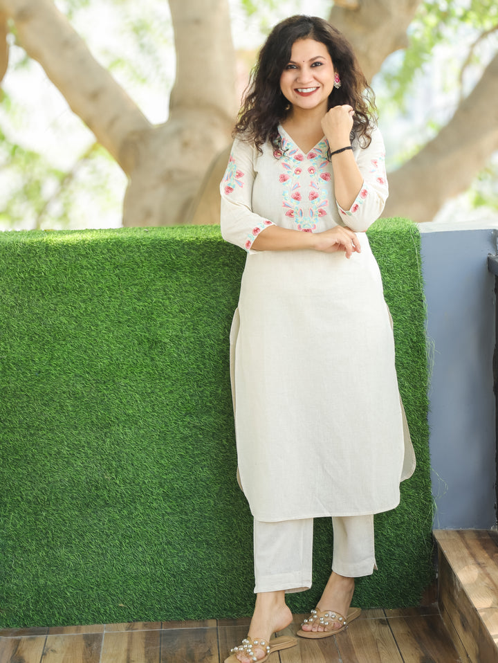 Rudrakshi Shell White with V Neck Embroiered Work Cotton 2 Piece Set