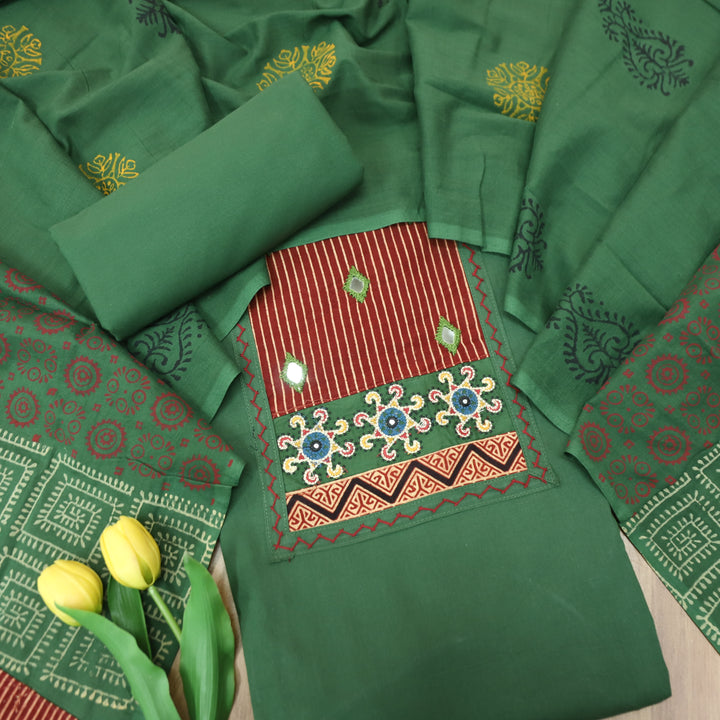 Kusumdari Grass Green Ajrak Printed Yoke with Mirror Work Cotton Suit Set