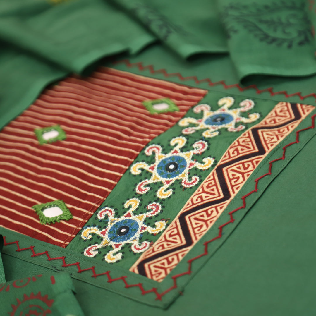 Kusumdari Grass Green Ajrak Printed Yoke with Mirror Work Cotton Suit Set