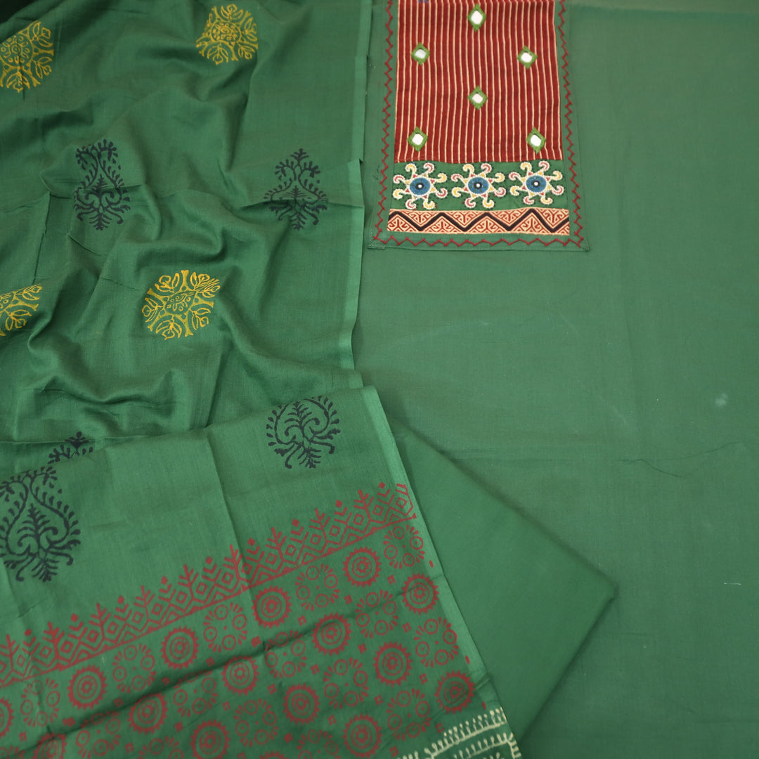 Kusumdari Grass Green Ajrak Printed Yoke with Mirror Work Cotton Suit Set