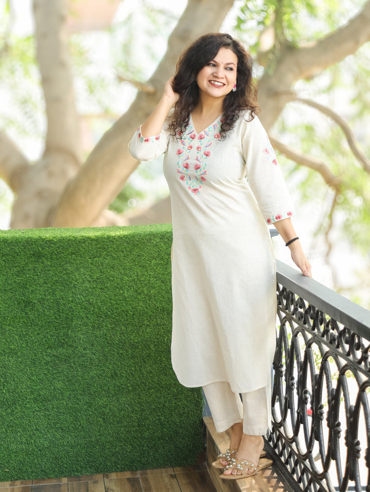 Rudrakshi Shell White with V Neck Embroiered Work Cotton 2 Piece Set