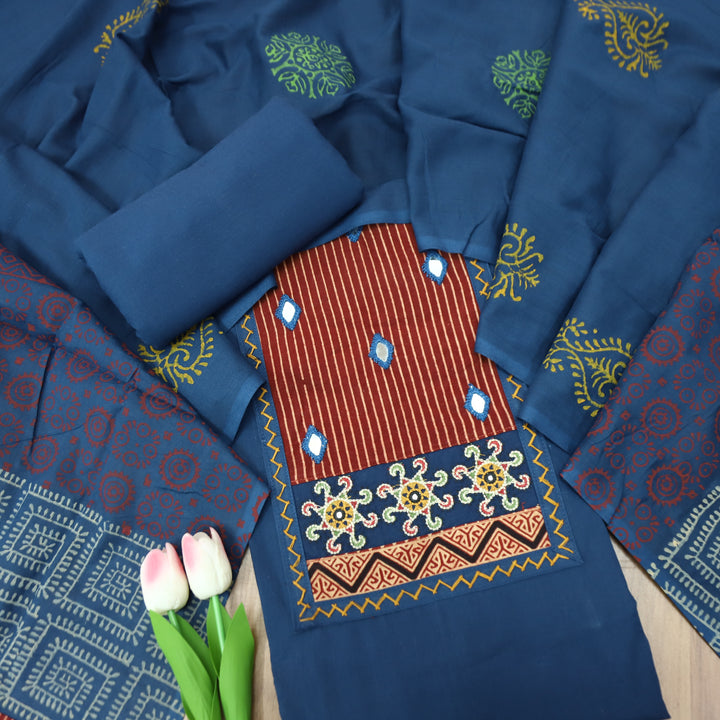 Kusumdari Denim Blue Ajrak Printed Yoke with Mirror Work Cotton Suit Set