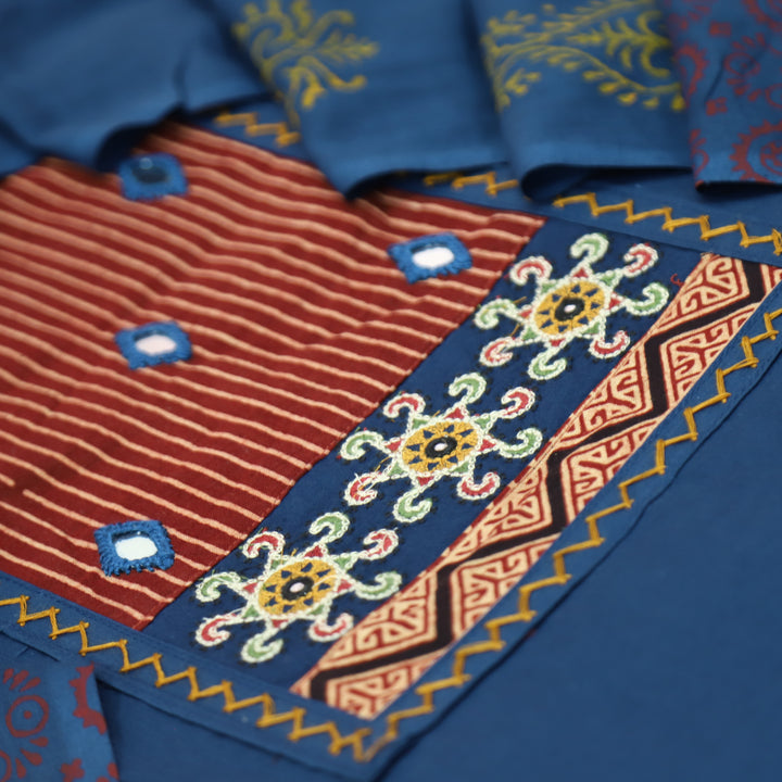 Kusumdari Denim Blue Ajrak Printed Yoke with Mirror Work Cotton Suit Set