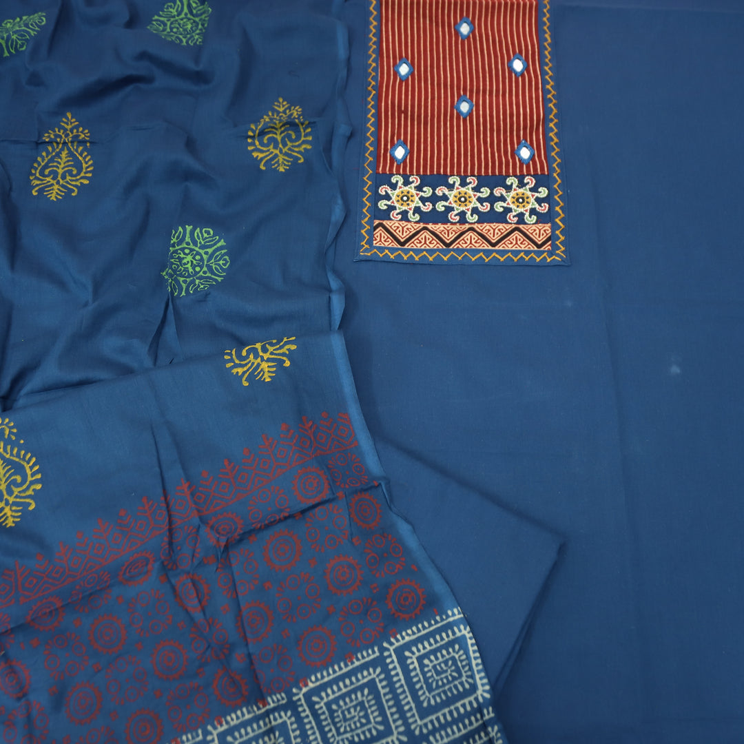 Kusumdari Denim Blue Ajrak Printed Yoke with Mirror Work Cotton Suit Set
