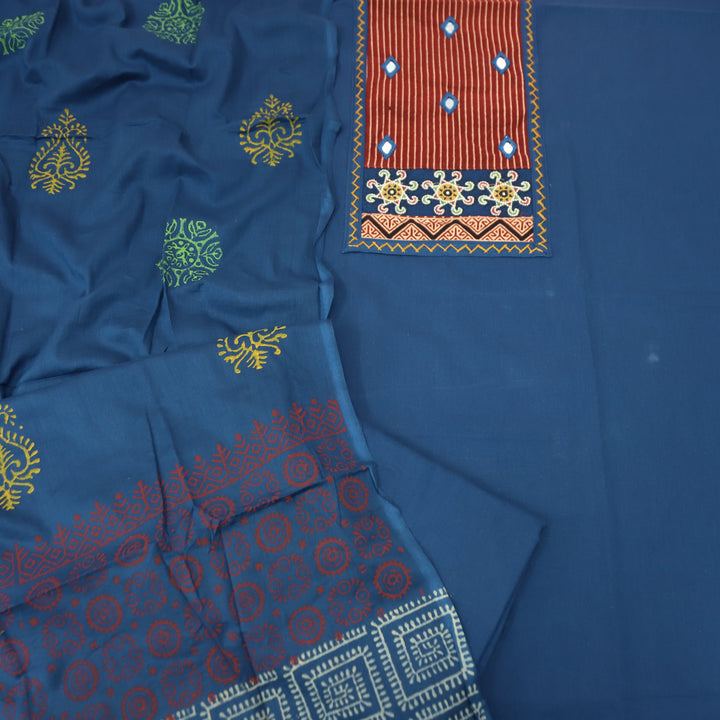 Kusumdari Denim Blue Ajrak Printed Yoke with Mirror Work Cotton Suit Set