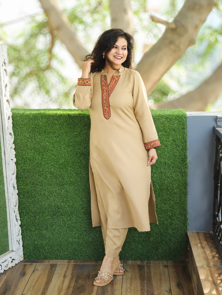 Sharvari Sand Beige Ban Collar Floral Embroidered Patch Semi Pashmina Winter Kurti