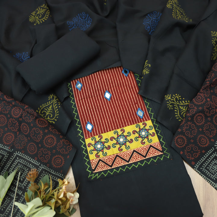 Kusumdari Ebony Black Ajrak Printed Yoke with Mirror Work Cotton Suit Set