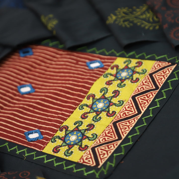 Kusumdari Ebony Black Ajrak Printed Yoke with Mirror Work Cotton Suit Set