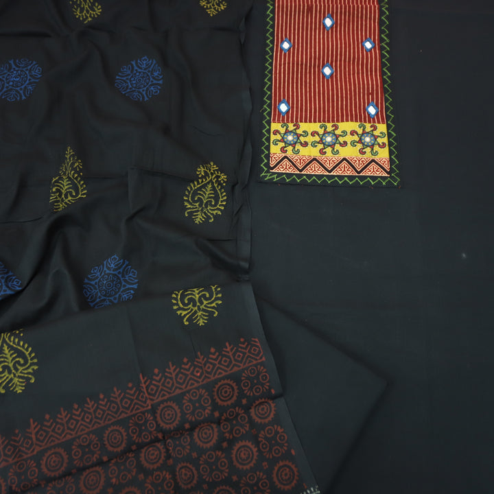 Kusumdari Ebony Black Ajrak Printed Yoke with Mirror Work Cotton Suit Set