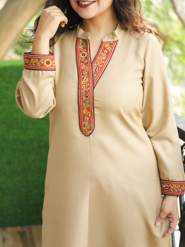 Sharvari Sand Beige Ban Collar Floral Embroidered Patch Semi Pashmina Winter Kurti