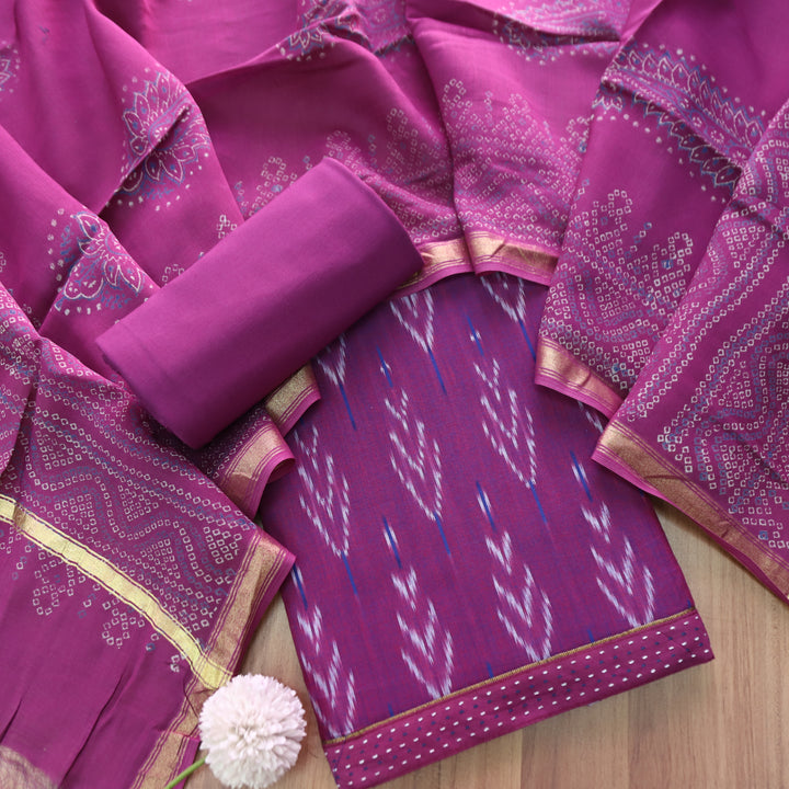 Vandana Orchid Puprle All Over Ikkat Inspired Printed Handloom Cotton Suit Set