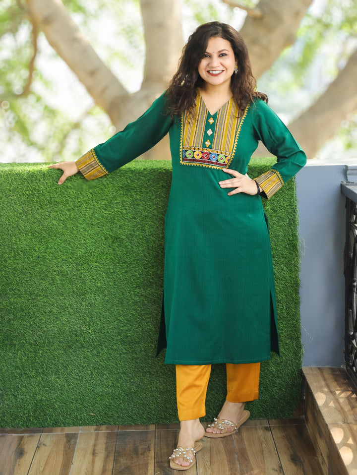 Vaishali Mermaid Green Embroidery with Mirror Work Yoke Winter Twill Kurti