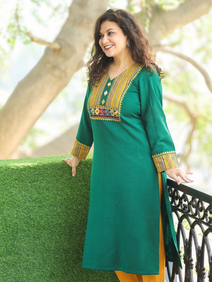 Vaishali Mermaid Green Embroidery with Mirror Work Yoke Winter Twill Kurti