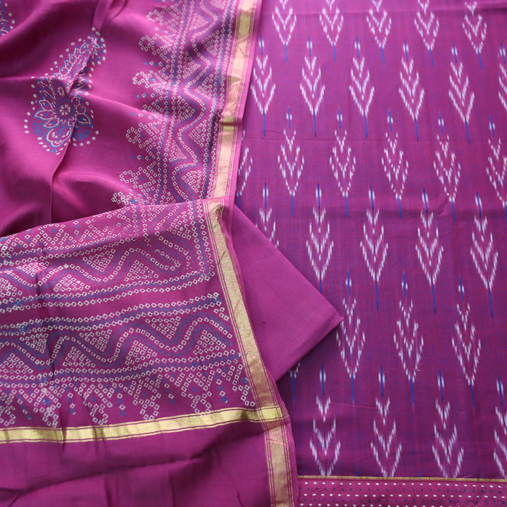 Vandana Orchid Puprle All Over Ikkat Inspired Printed Handloom Cotton Suit Set