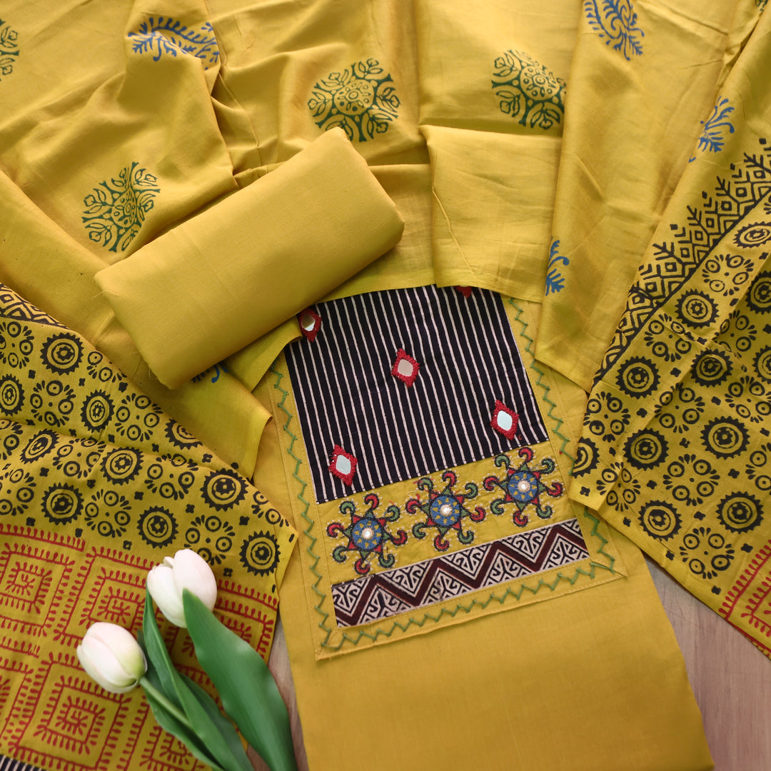 Kusumdari Turmeric Yellow Ajrak Printed Yoke with Mirror Work Cotton Suit Set