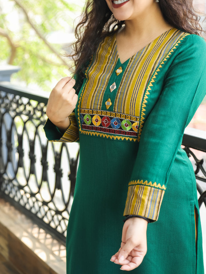 Vaishali Mermaid Green Embroidery with Mirror Work Yoke Winter Twill Kurti