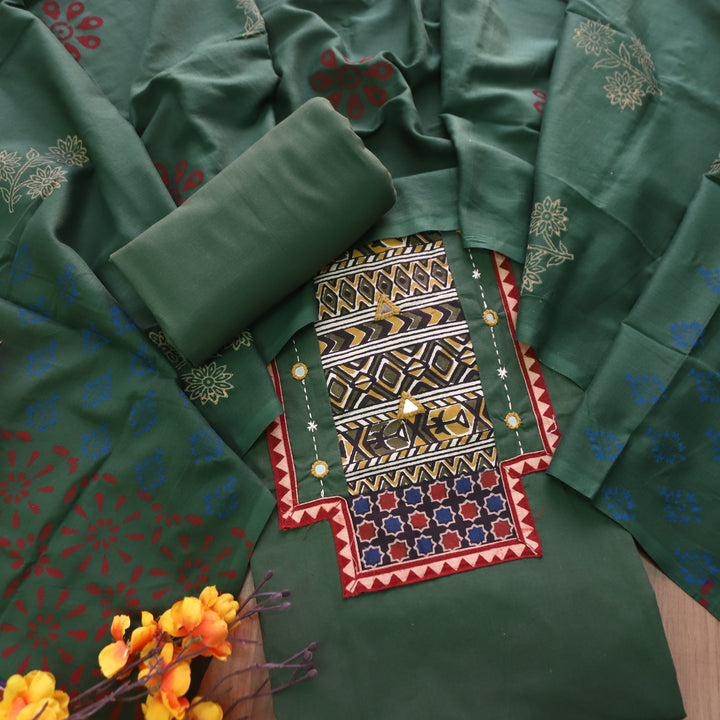 Jogiya Grass Green Ajrak Printed Yoke with Mirror Work Cotton Suit Set