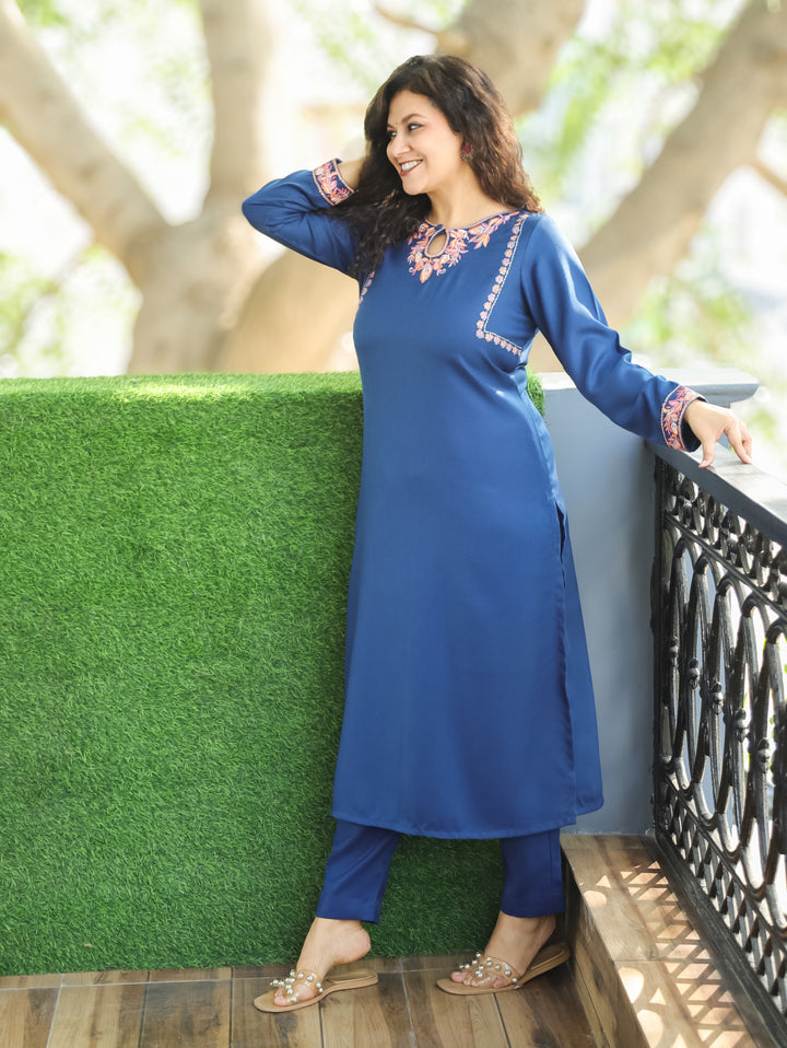 छाया Cerulean Blue Embroidered Keyhole Neck Semi Pashmina Winter Kurti