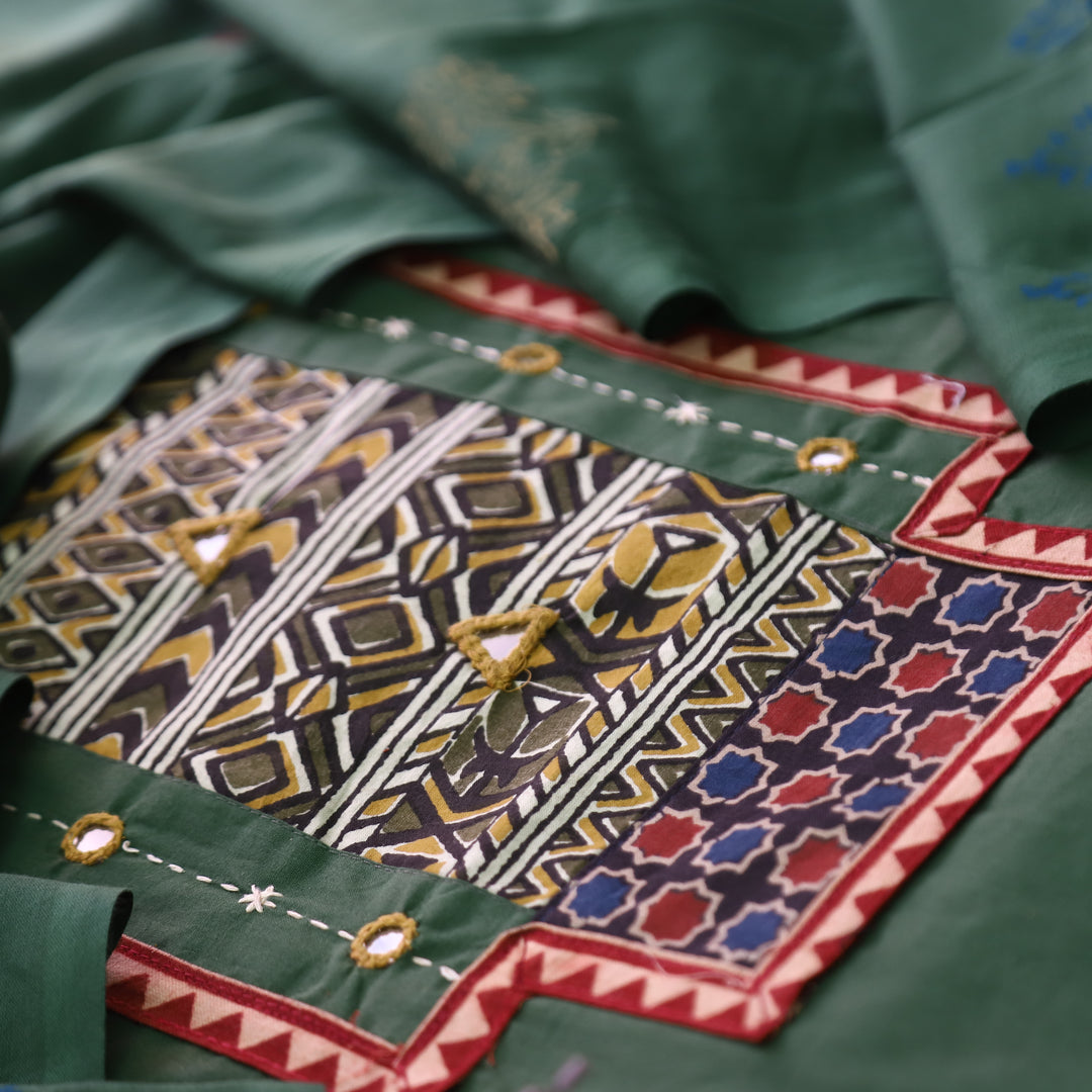 Jogiya Grass Green Ajrak Printed Yoke with Mirror Work Cotton Suit Set