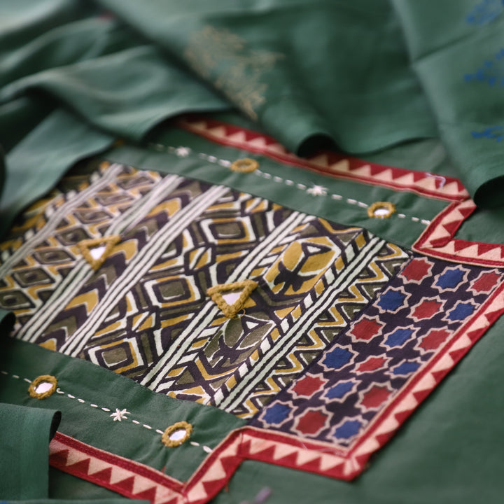 Jogiya Grass Green Ajrak Printed Yoke with Mirror Work Cotton Suit Set