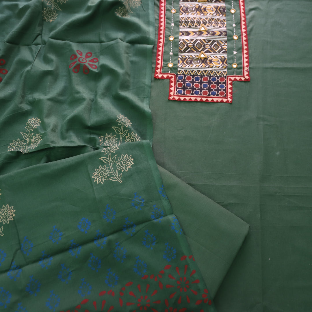 Jogiya Grass Green Ajrak Printed Yoke with Mirror Work Cotton Suit Set