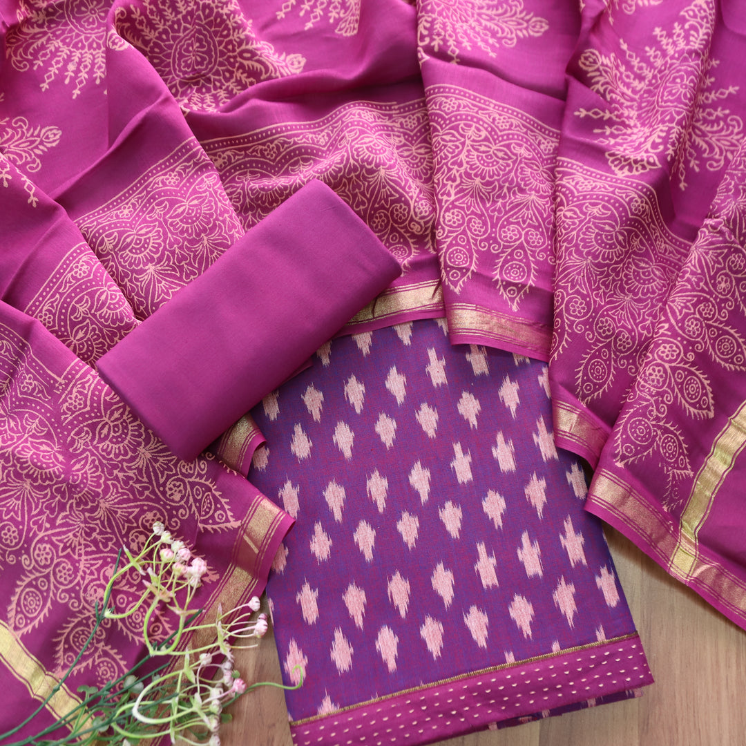 Vandana Eggplant Purple All Over Ikkat Inspired Printed Handloom Cotton Suit Set
