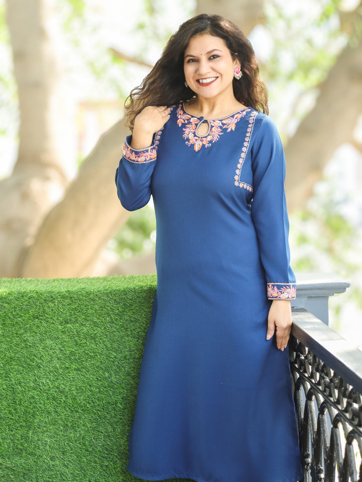 छाया Cerulean Blue Embroidered Keyhole Neck Semi Pashmina Winter Kurti