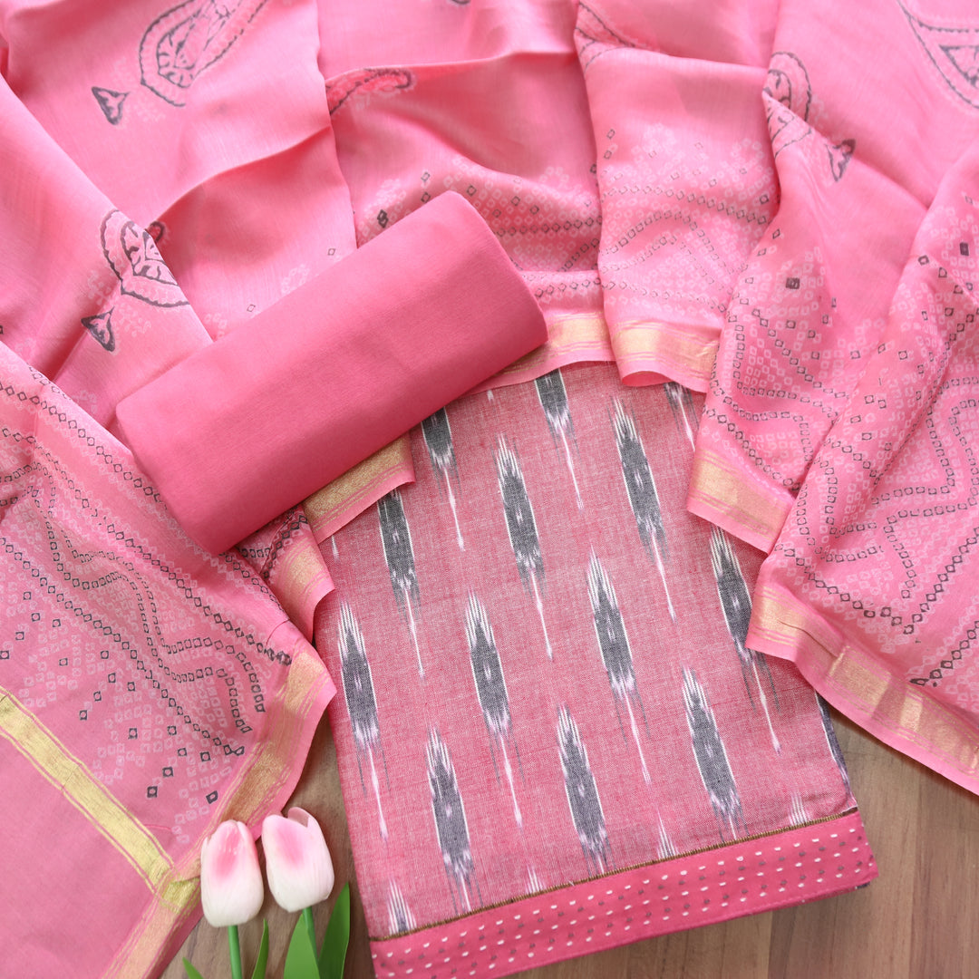 Vandana Frosty Pink All Over Ikkat Inspired Printed Handloom Cotton Suit Set