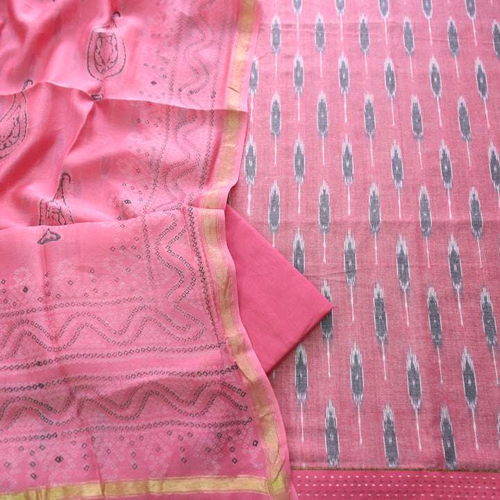 Vandana Frosty Pink All Over Ikkat Inspired Printed Handloom Cotton Suit Set