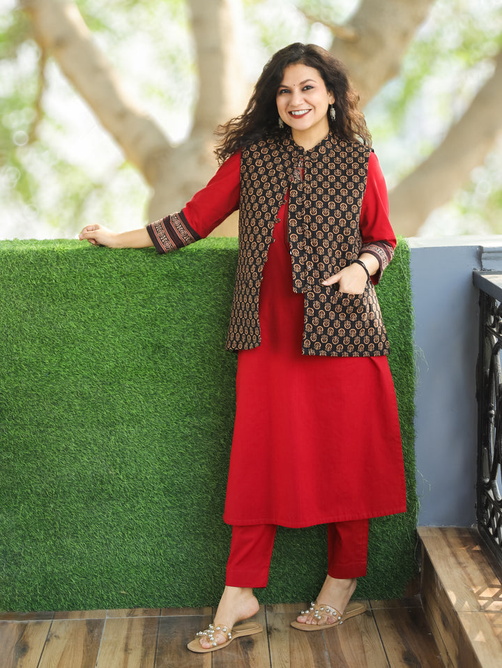 Sejal NIght Black Ban Collar Gamthi Printed Quilted Cotton Jacket with Pocket