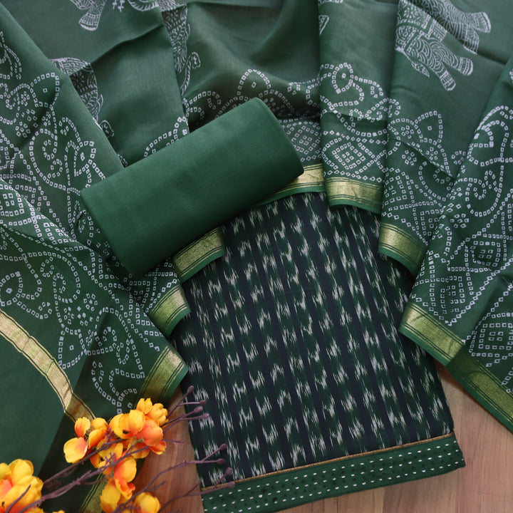 Vandana Sacramento Green All Over Ikkat Inspired Printed Handloom Cotton Suit Set