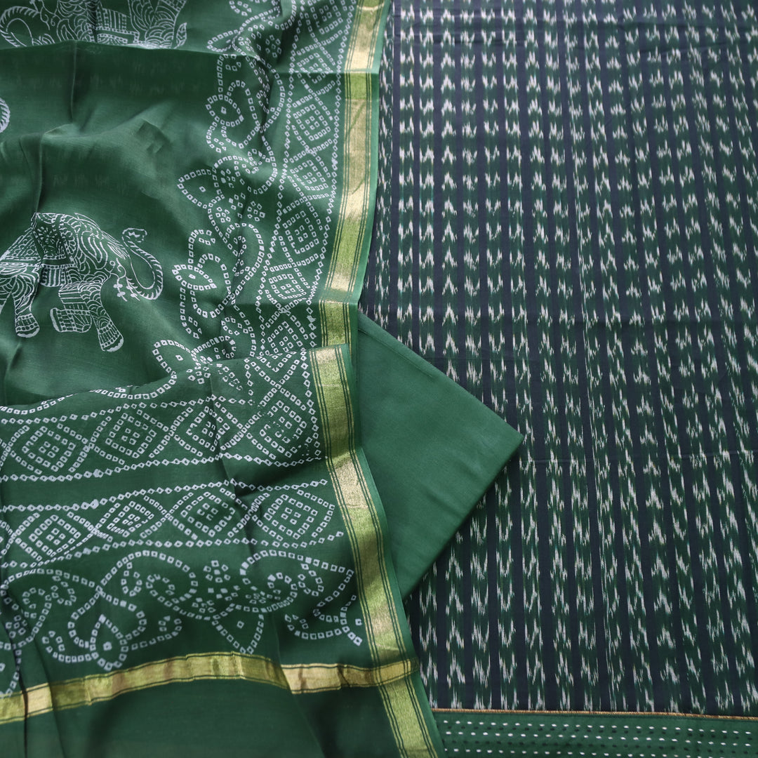 Vandana Sacramento Green All Over Ikkat Inspired Printed Handloom Cotton Suit Set