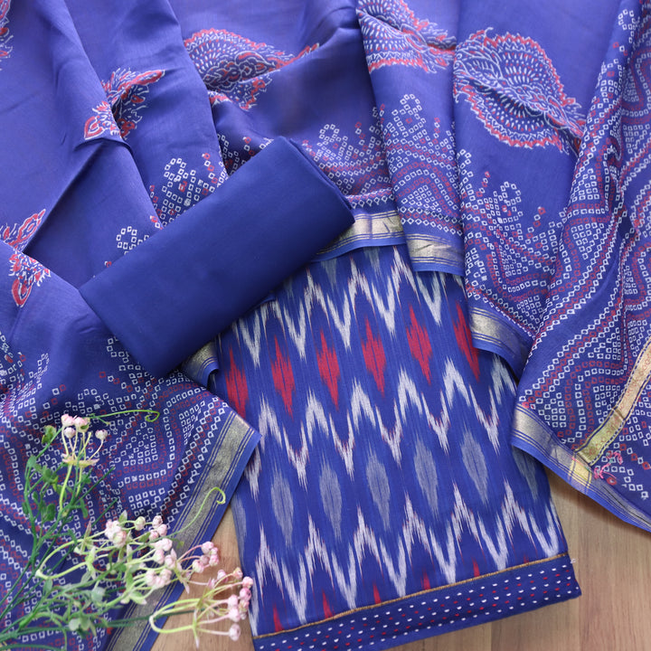 Vandana Denim Blue All Over Ikkat Inspired Printed Handloom Cotton Suit Set