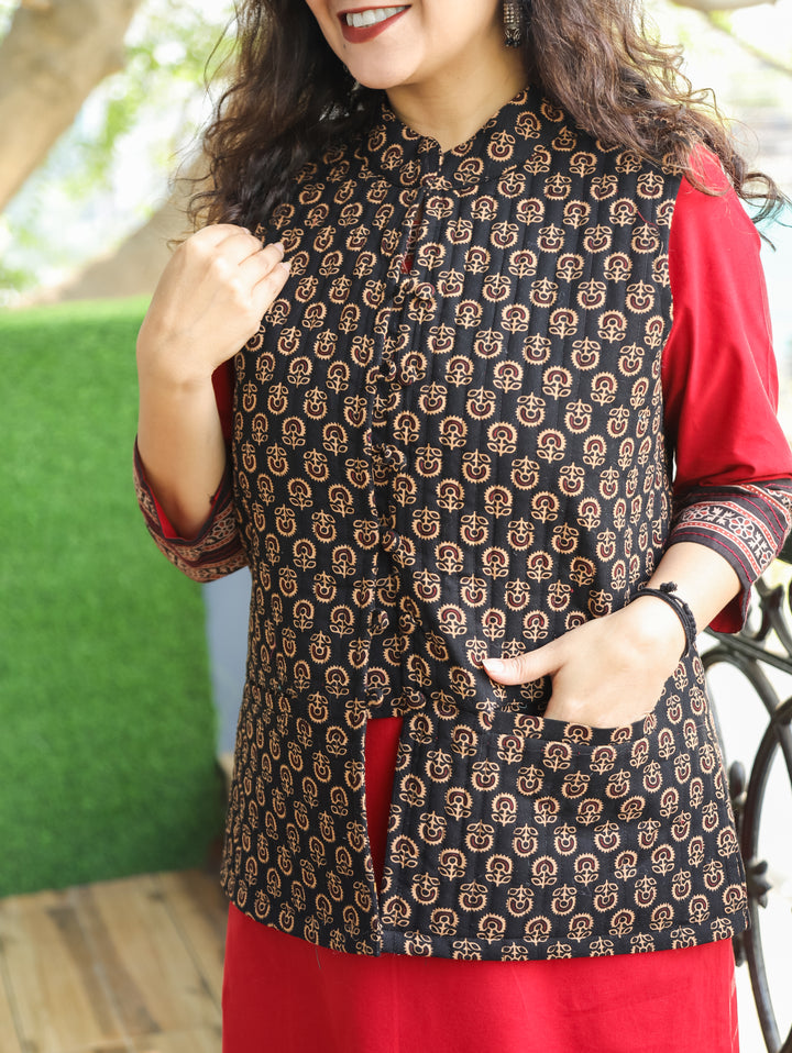 Sejal NIght Black Ban Collar Gamthi Printed Quilted Cotton Jacket with Pocket