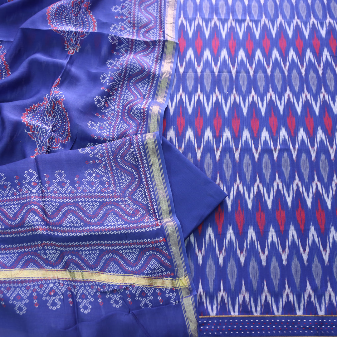 Vandana Denim Blue All Over Ikkat Inspired Printed Handloom Cotton Suit Set