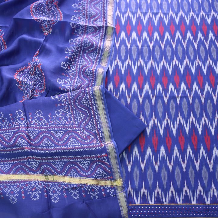 Vandana Denim Blue All Over Ikkat Inspired Printed Handloom Cotton Suit Set