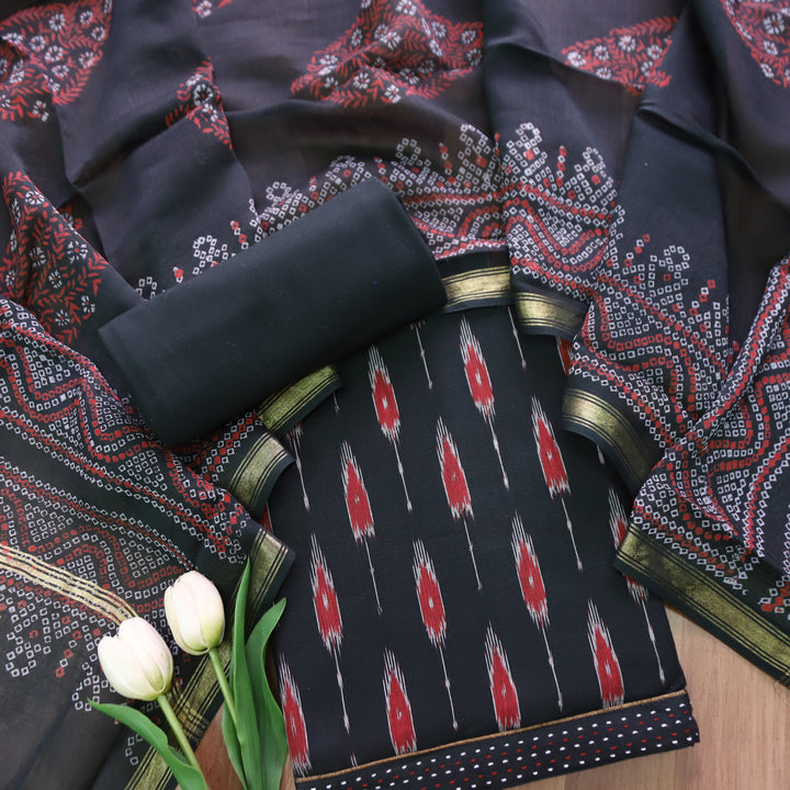 Vandana Ebony Black All Over Ikkat Inspired Printed Handloom Cotton Suit Set